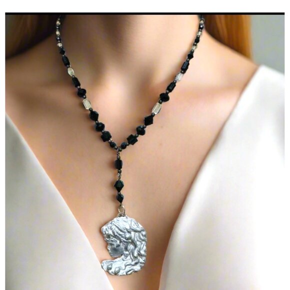 Art Nuveau Clay Lady Pendant with Artisan Crafted with Crystal Beaded Necklace - Picture 2 of 9